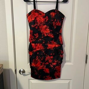 Guess red floral body con dress